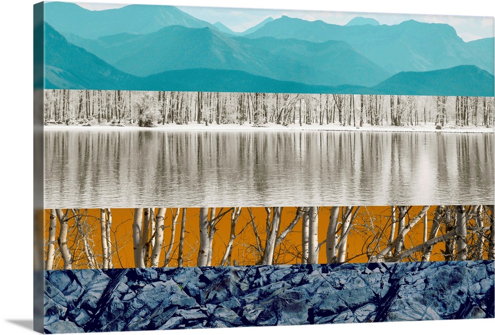 Artwork in layers of natural elements, including a mountain landscape, a forest stream, and white birch trees.
