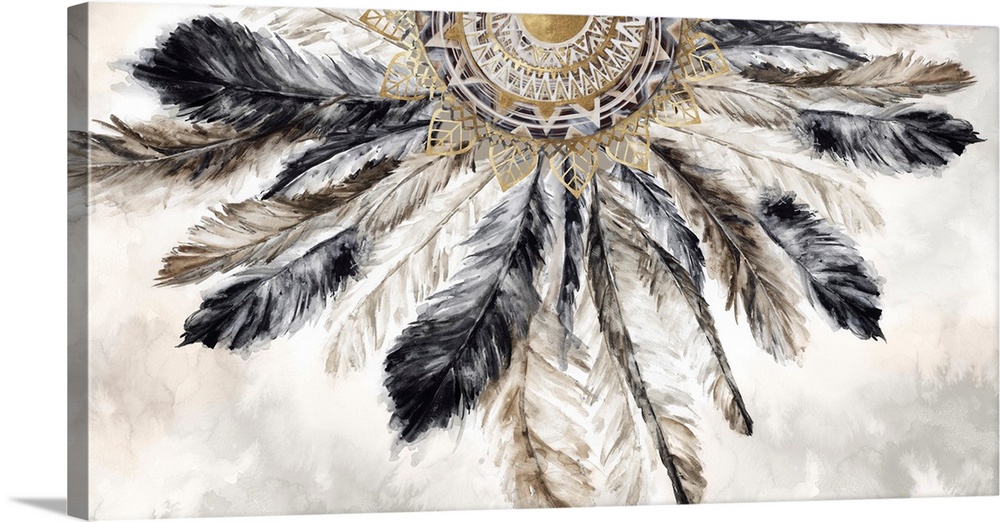 Painting of feathers radiating from half of a mandala in neutral tones with gold accents.