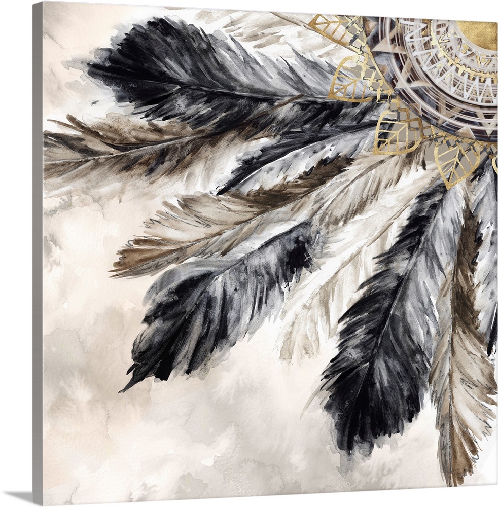 Bohemian mandala with feathers painted in various neutral shades outlined in gold.