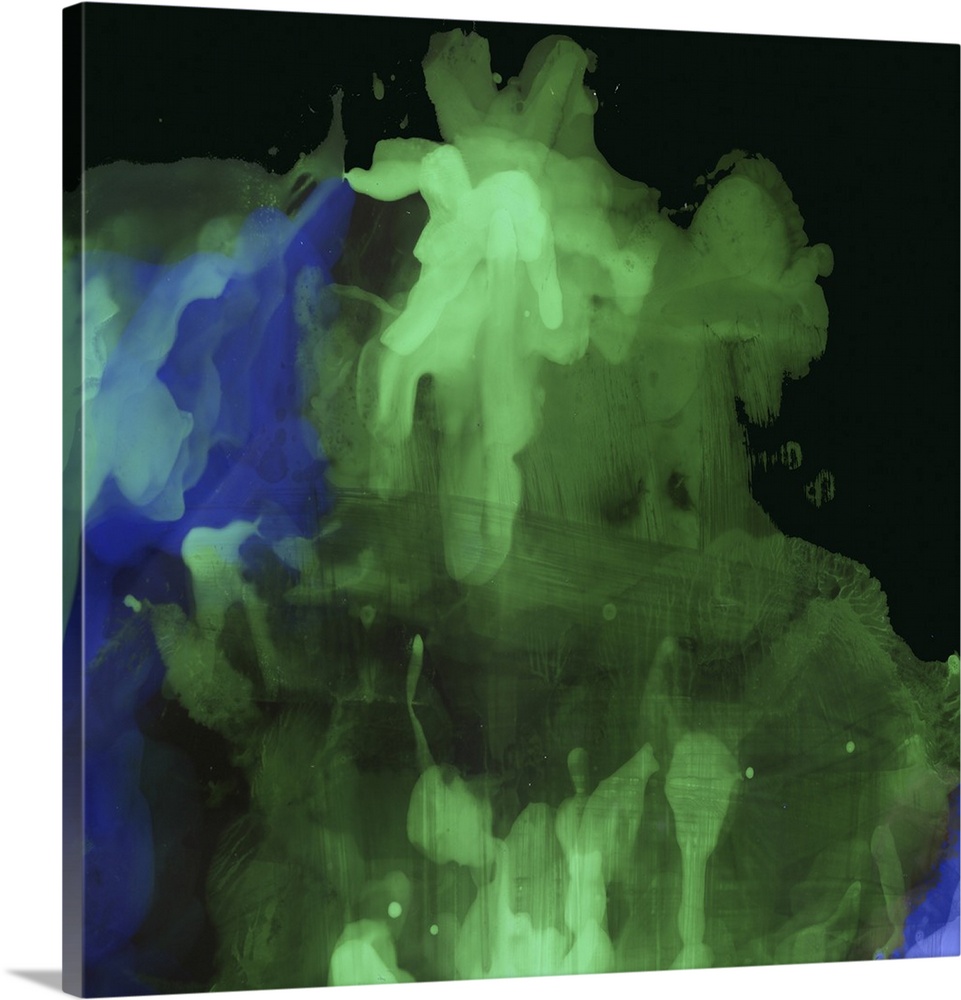 Large abstract painting in a vibrant shade of green and blue.