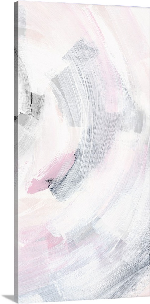 Long vertical painting of curved brush strokes of white washed colors of pink, white and gray.