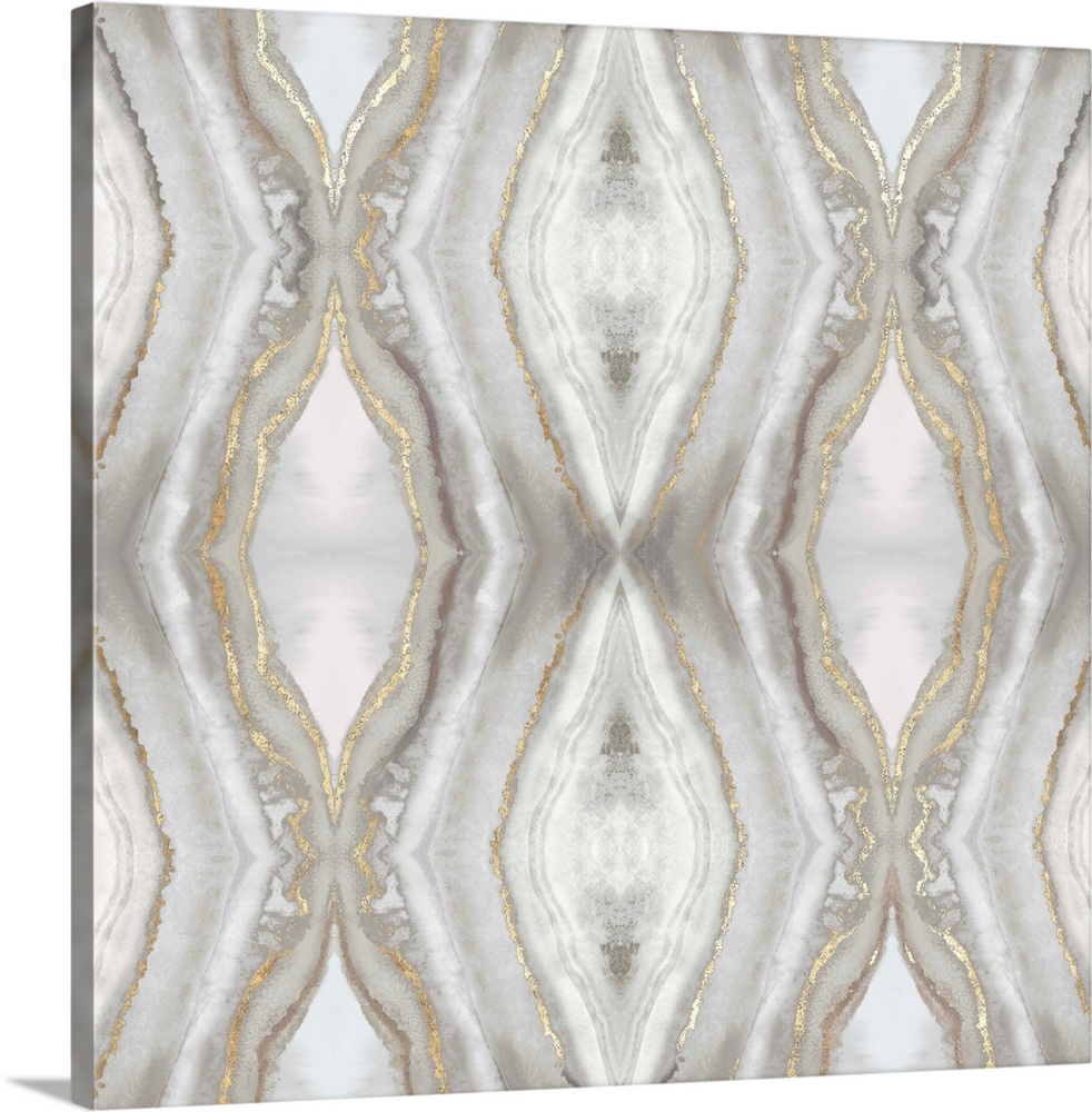 Square contemporary painting of neutral shades of gray and gold in a kaleidoscope design.