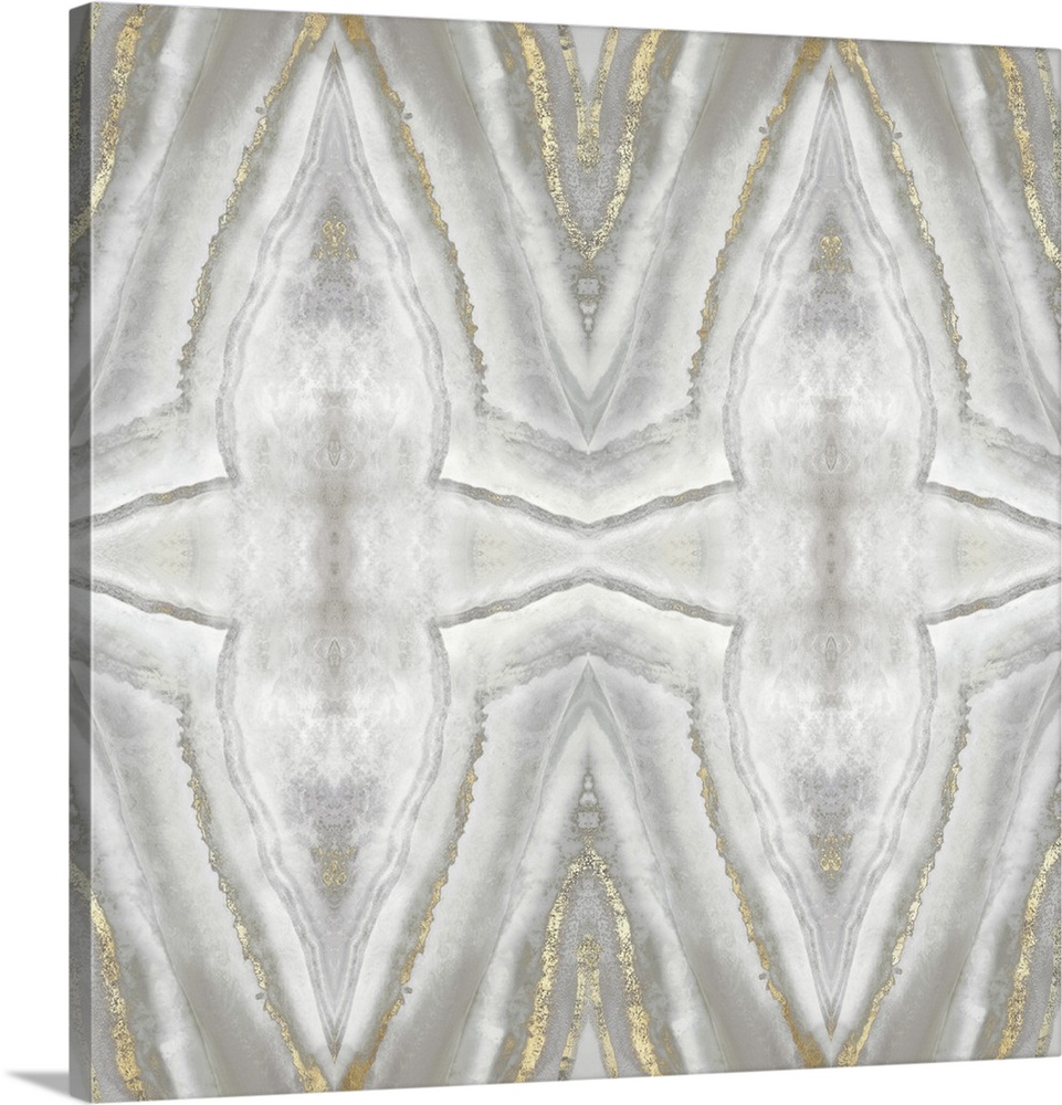Square contemporary painting of neutral shades of gray and gold in a kaleidoscope design.