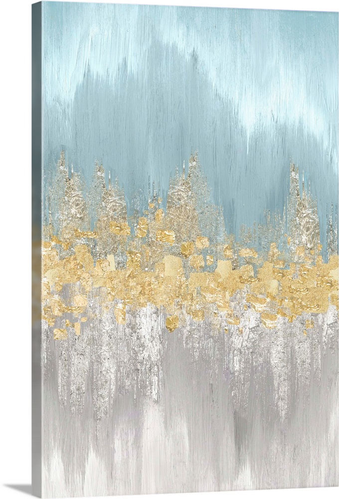 Vertical painting with light blue on the top and gray on the bottom with textured gold in the center.