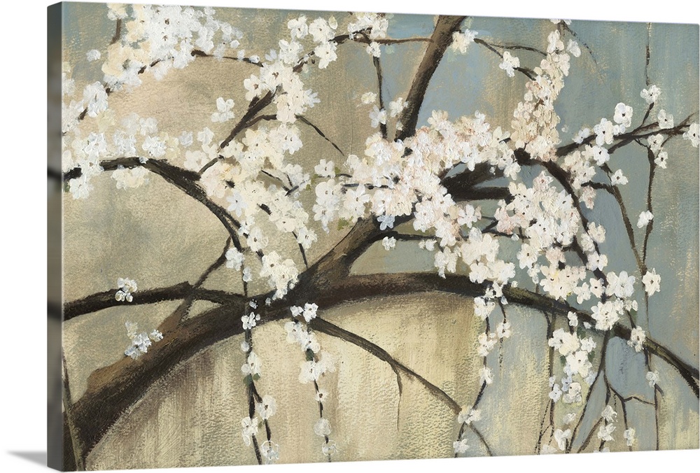Contemporary painting of little white flowers in bloom on the branches of a tree.