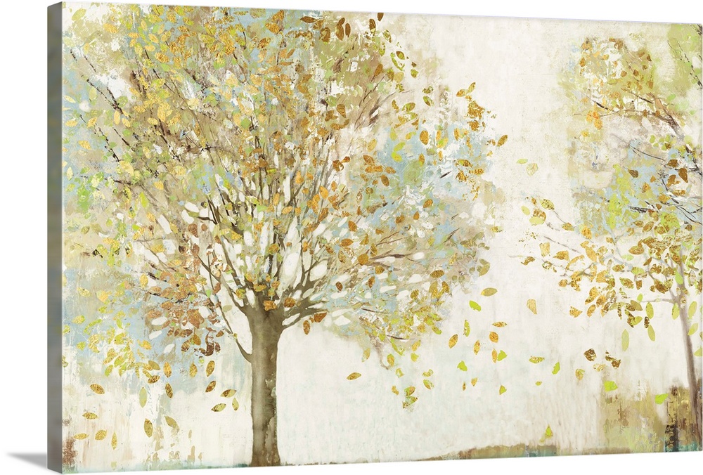 Contemporary painting of trees with leaves blowing in the wind in neutral pastel shades of cream, teal, and gold.