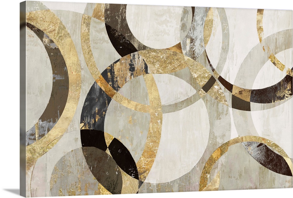 Geometric abstract artwork with circular rings in shades of brown, gold, and gray.