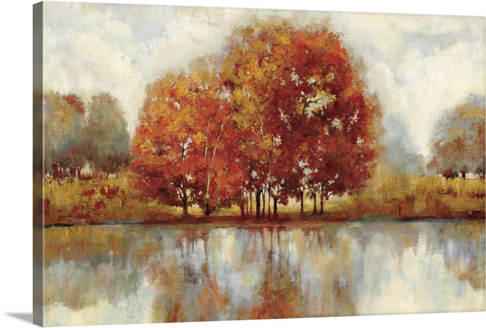 Contemporary painting of a countryside forest scene in autumn foliage.