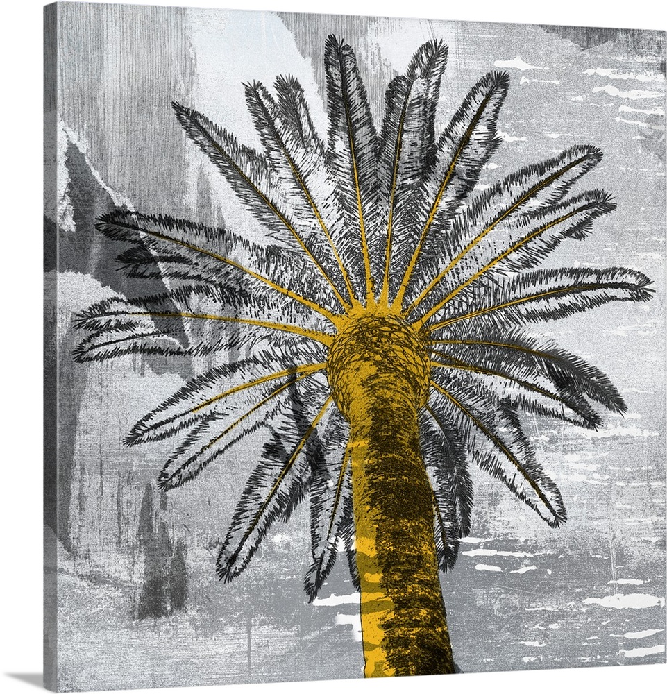 A contemporary painting of a palm tree with a textured gray background.