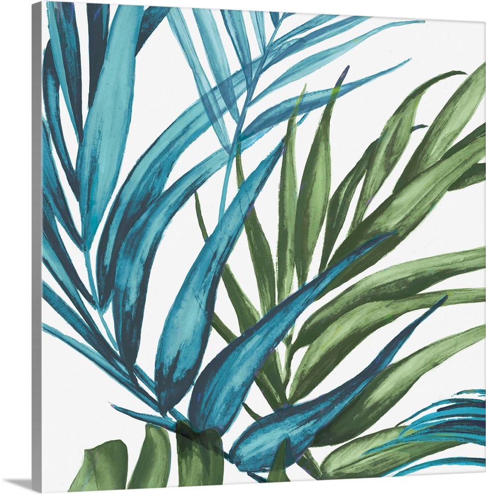 Square decor with illustrated tropical palm leaves in blue and green hues on a white background.