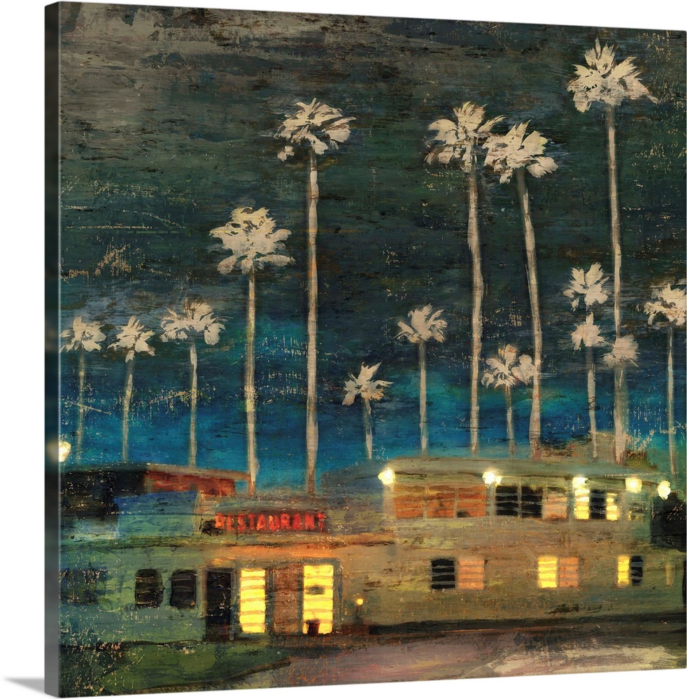 Artwork of tall palm trees over small shops at night.