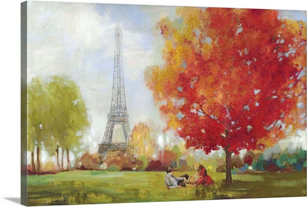 A horizontal painting of a park scene in Paris of a couple having a picnic near the Eiffel Tower.
