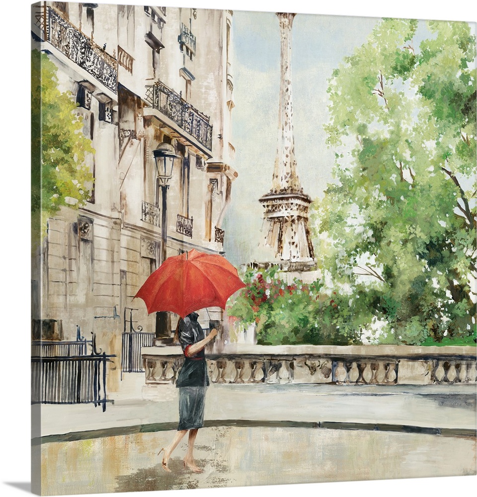Contemporary artwork of a person with a red parasol walking near the Eiffel Tower.