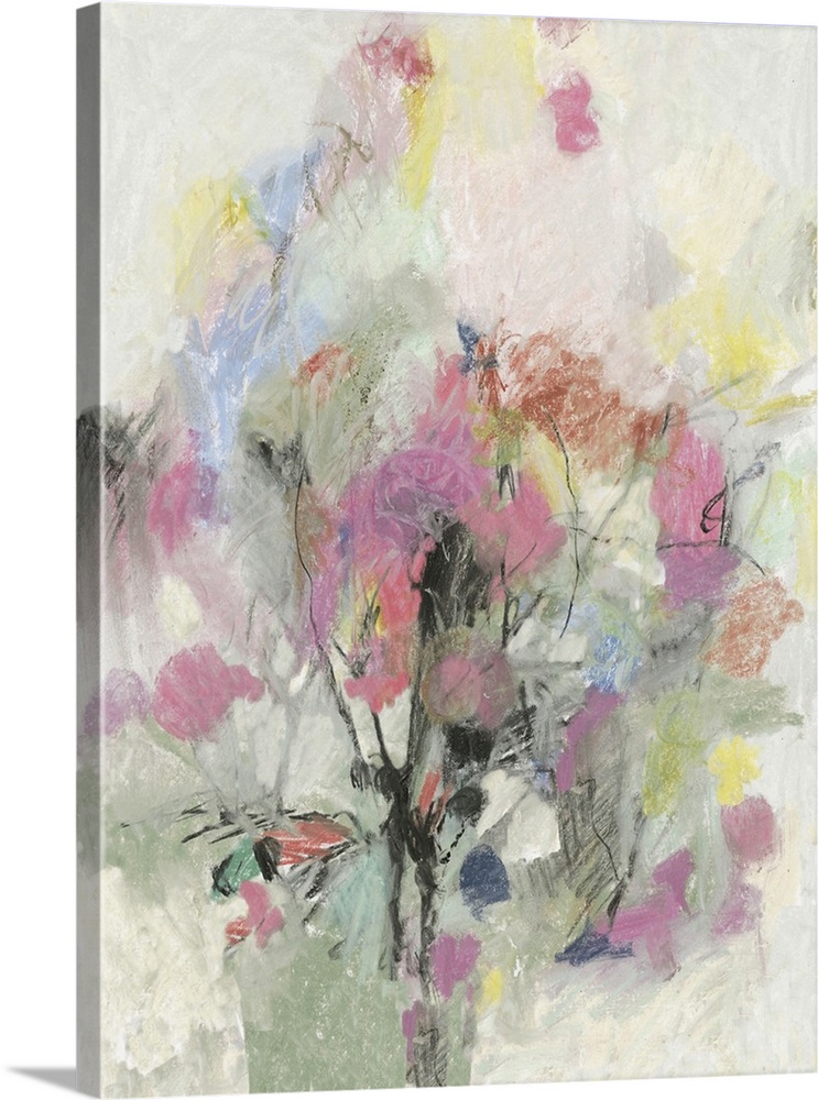Abstract floral painting in muted pastel colors.