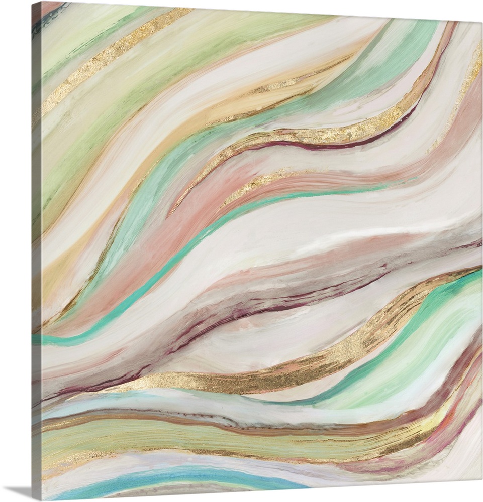 Square painting of waved brush stroked lines in muted colors of green, pink and gold.