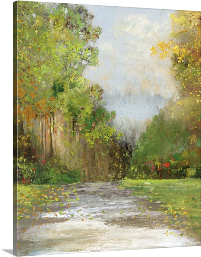 Contemporary painting of a pathway in the countryside surrounded by green trees.