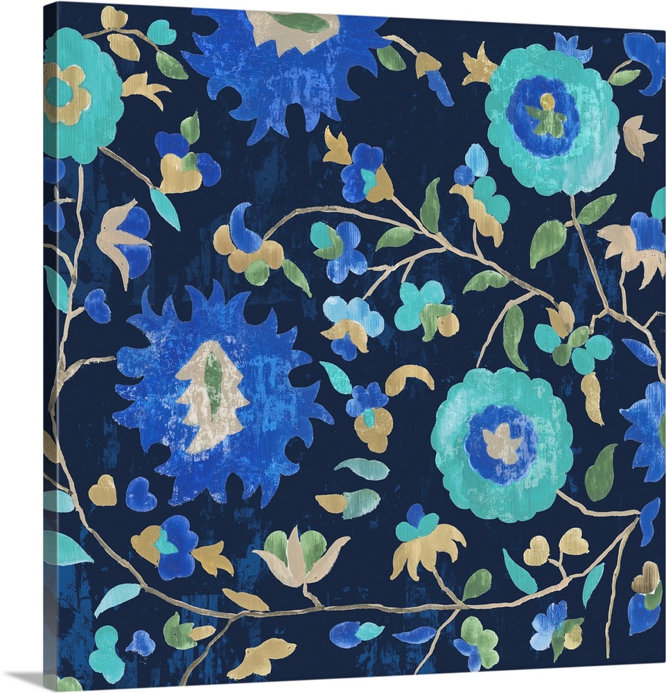 Floral pattern in various blues with Persian inspiration.