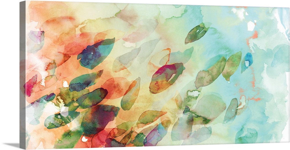 Contemporary watercolor painting in soft, rainbow colors of petals blowing in the wind.