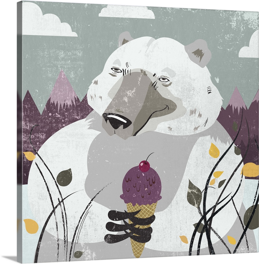 Contemporary home decor artwork of a polar bear eating a purple ice cream cone against a background of purple mountains.