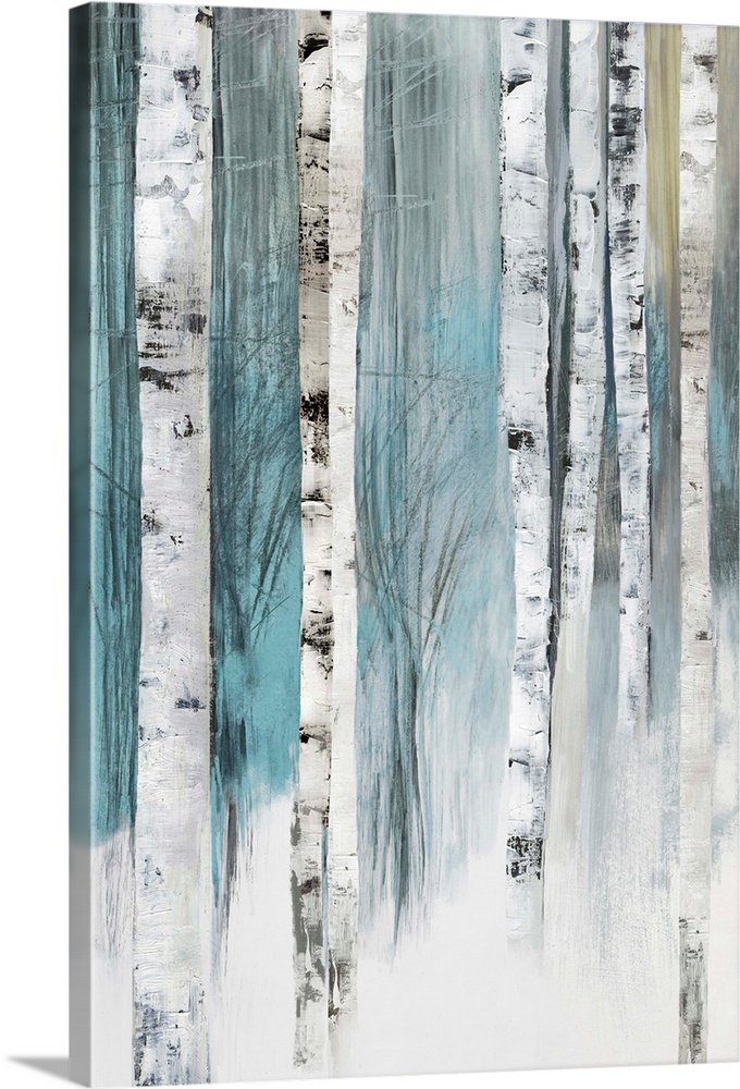 Vertical painting of tree trunks in shades of blue and gray.