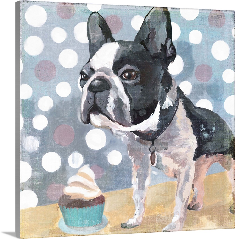 Contemporary home decor art of a Boston Terrier with a cupcake against a polka dot background.