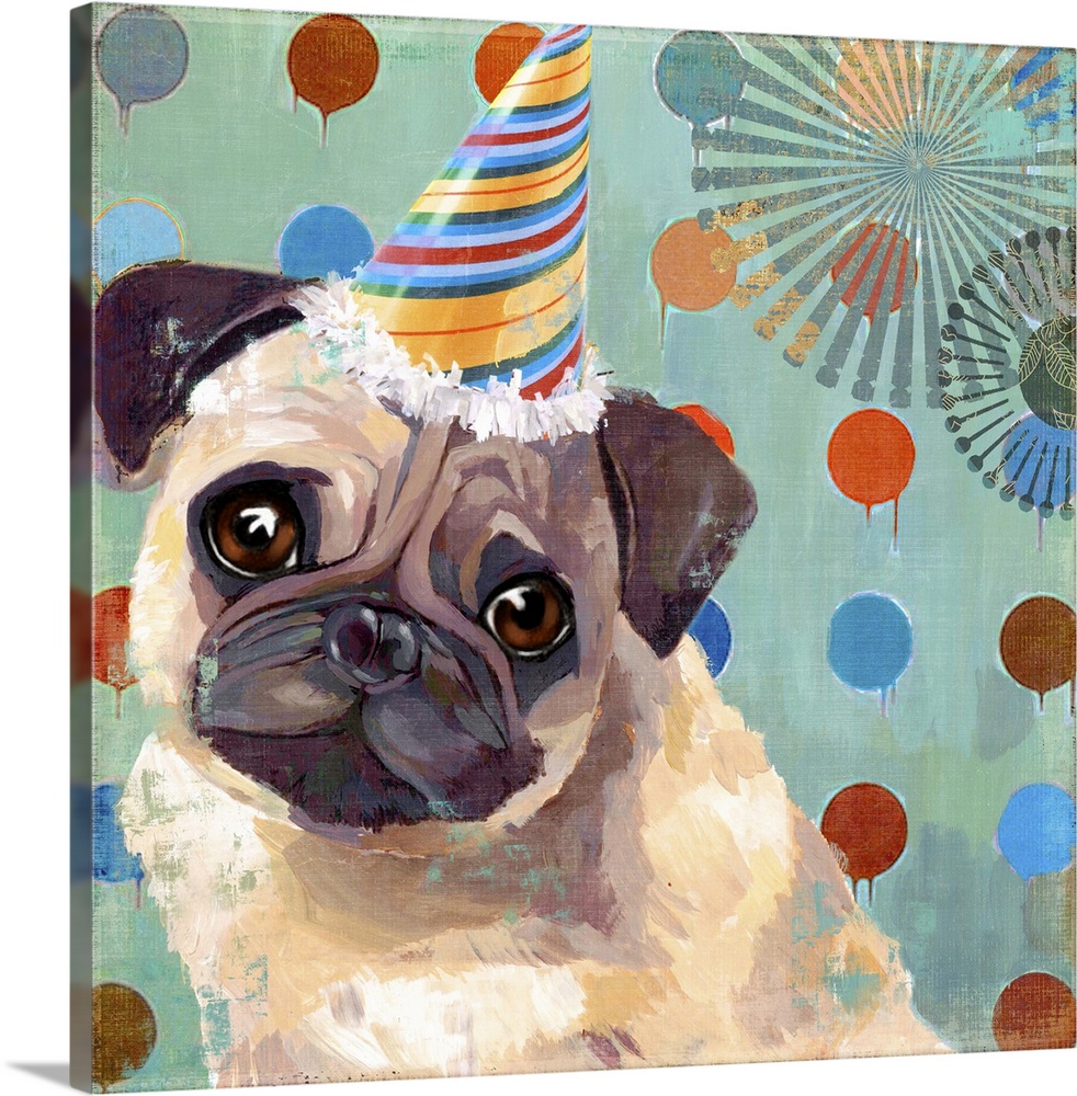 Contemporary home decor art of a pug wearing a birthday hat against a polka dot background.