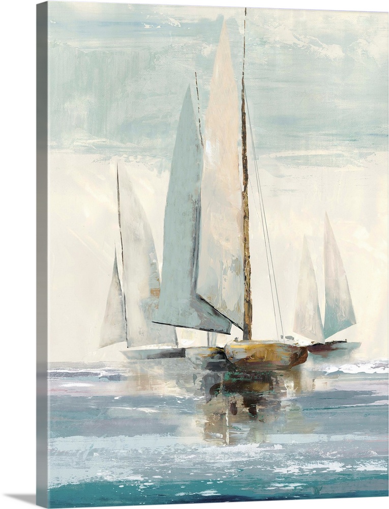 Painting of sailboats on the water in the morning.