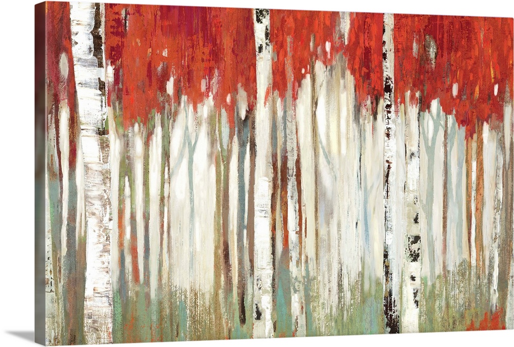 Contemporary artwork of a white birch forest with vivid red leaves contrasting the pale green forest floor.