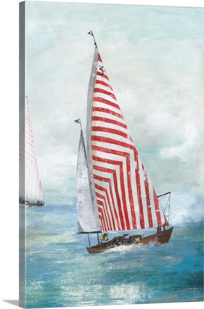 Contemporary painting of a red and white striped sailboat in the middle of the ocean with another boat in the distance.
