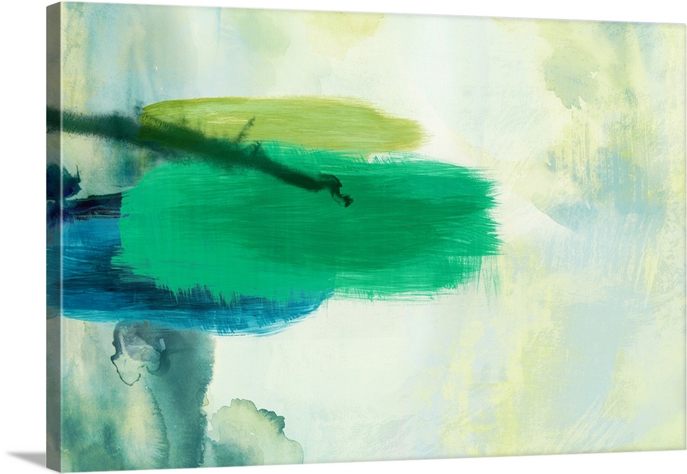 Horizontal abstract painting in shades of green with blue accents.