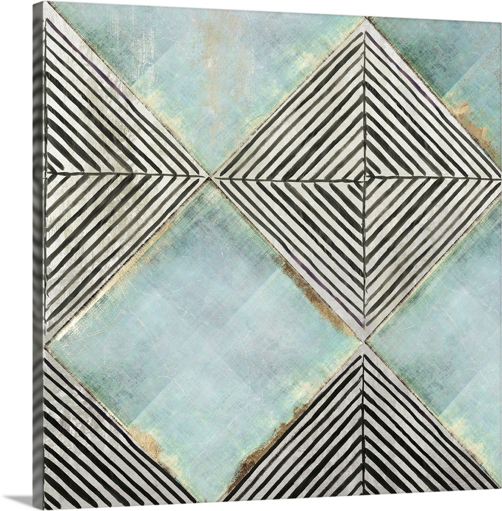 Square contemporary painting of diamond shapes with geometric lines and gold accents.