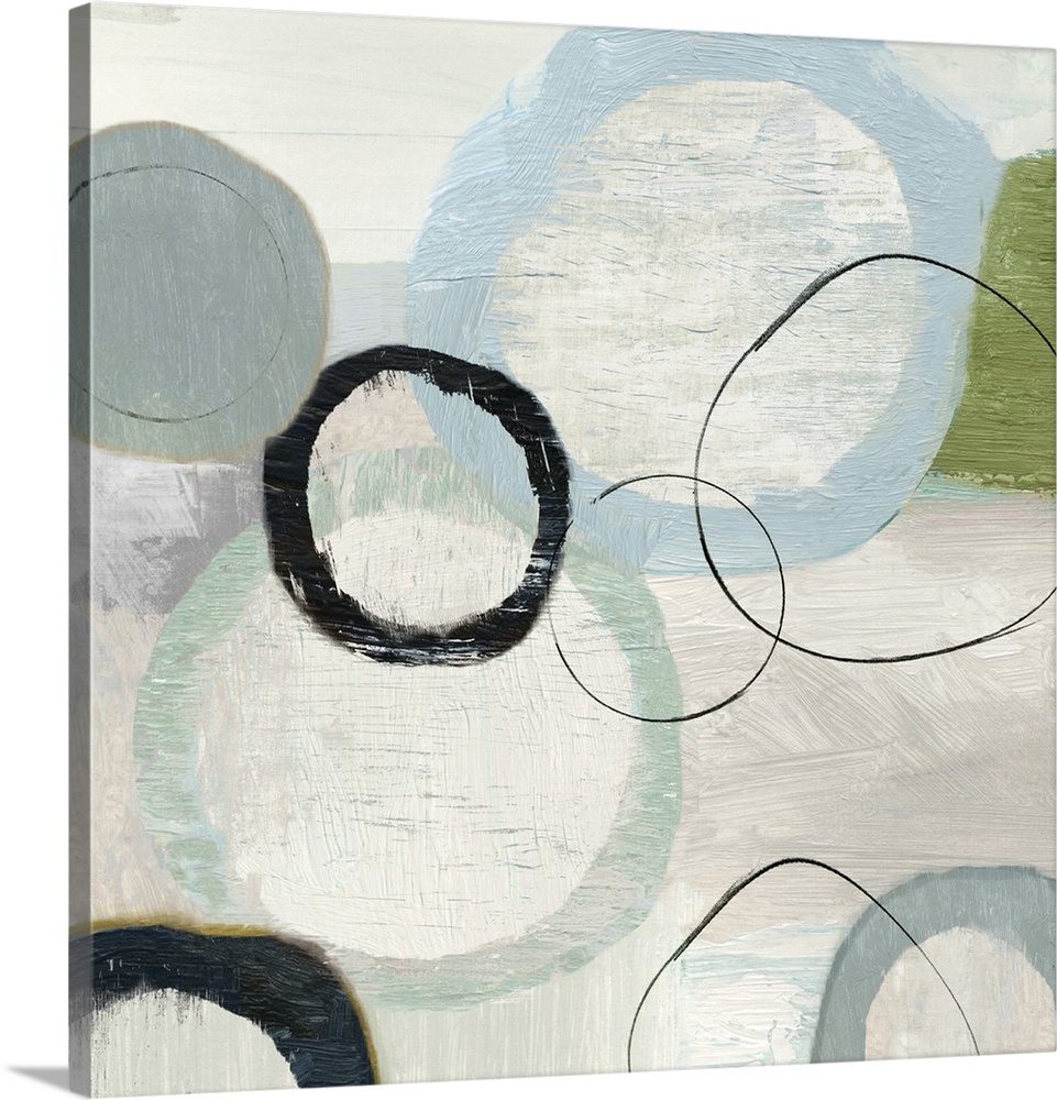 An abstract painting of circles in varies sizes and colors.