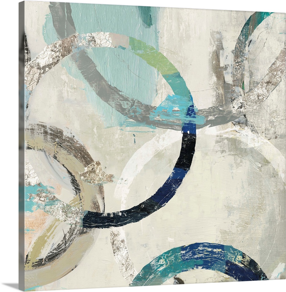 Abstract artwork of overlapping rings in shades of white, cream, and teal.