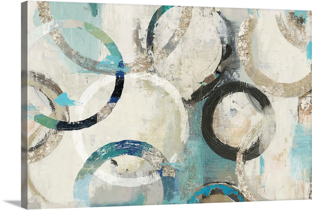 Abstract artwork of overlapping rings in shades of white, cream, and teal.