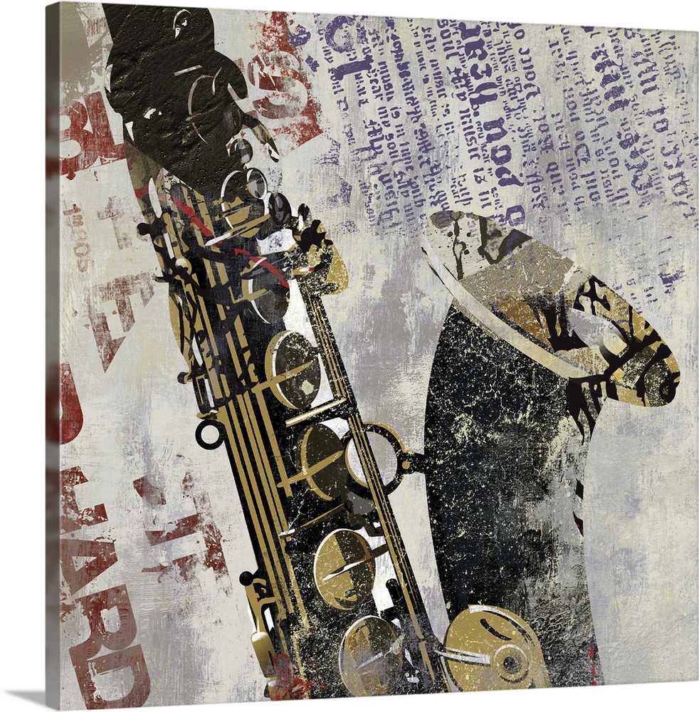 Contemporary collage style home decor artwork of a saxophone against a weathered background.