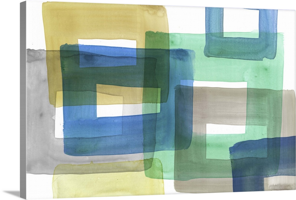 Contemporary abstract home decor art using geometric shapes and vibrant watercolors.