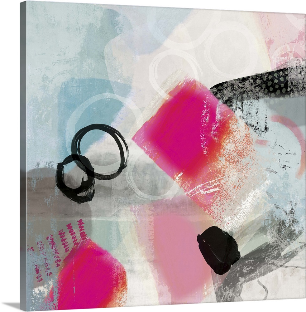Abstract painting in shades of pale blue and white with bright pops of pink.