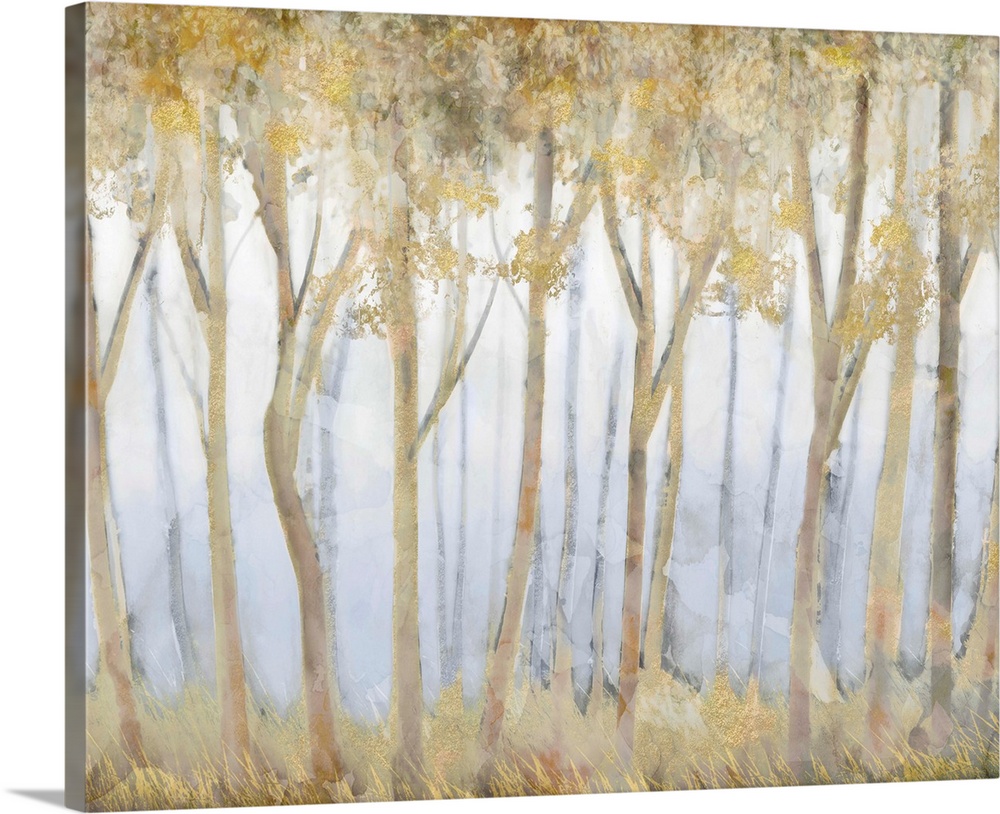 Contemporary painting of a glade of slender golden trees over pale dusty blue.