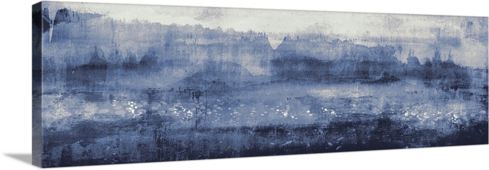 A large contemporary painting representing a landscape in shades of blue.