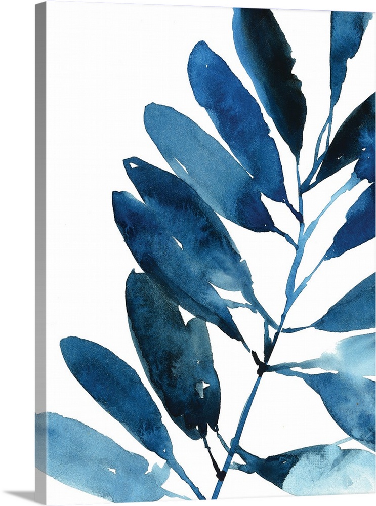 Watercolor painting in shades of deep blue of several leaves on white.