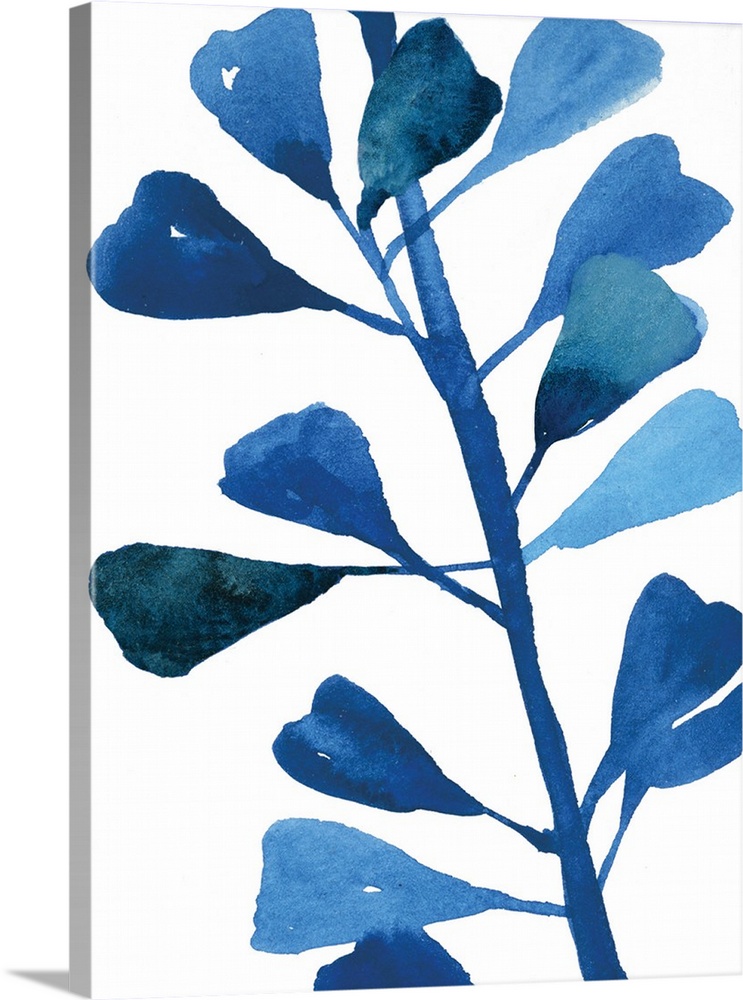 Watercolor painting in shades of deep blue of several leaves on white.