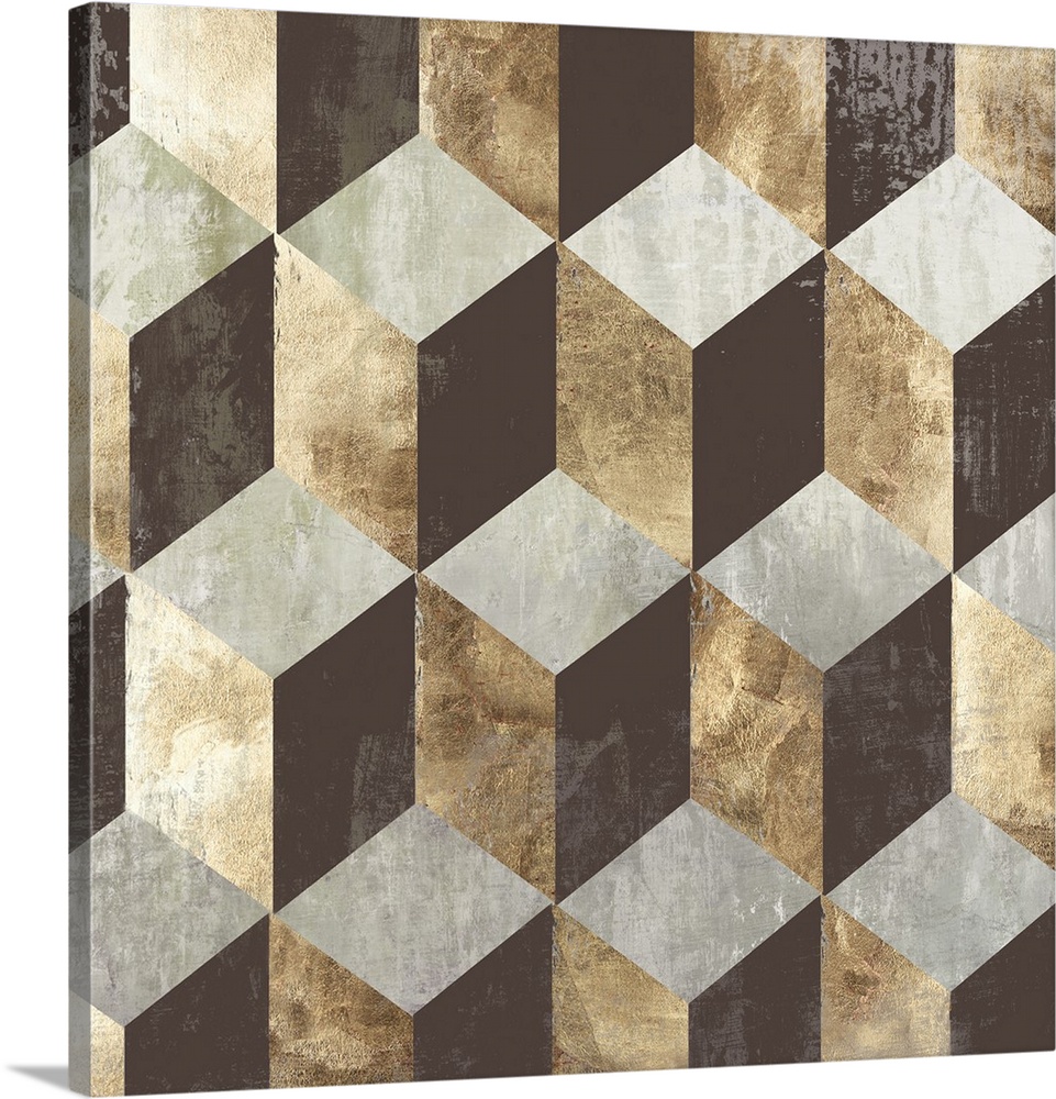 Square artwork of a repetitive cube design in silver and gold with a textured effect.