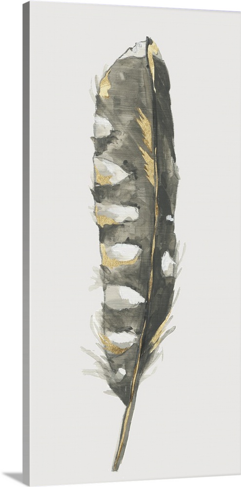 Panel painting of a grey, white, and gold feather on a solid white background.