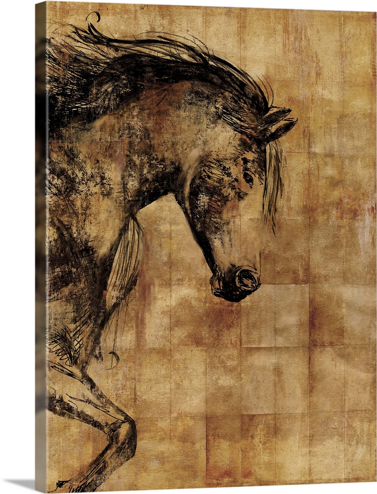 Contemporary weathered looking home decor art of a horse coming into the left of the frame against a distressed background.