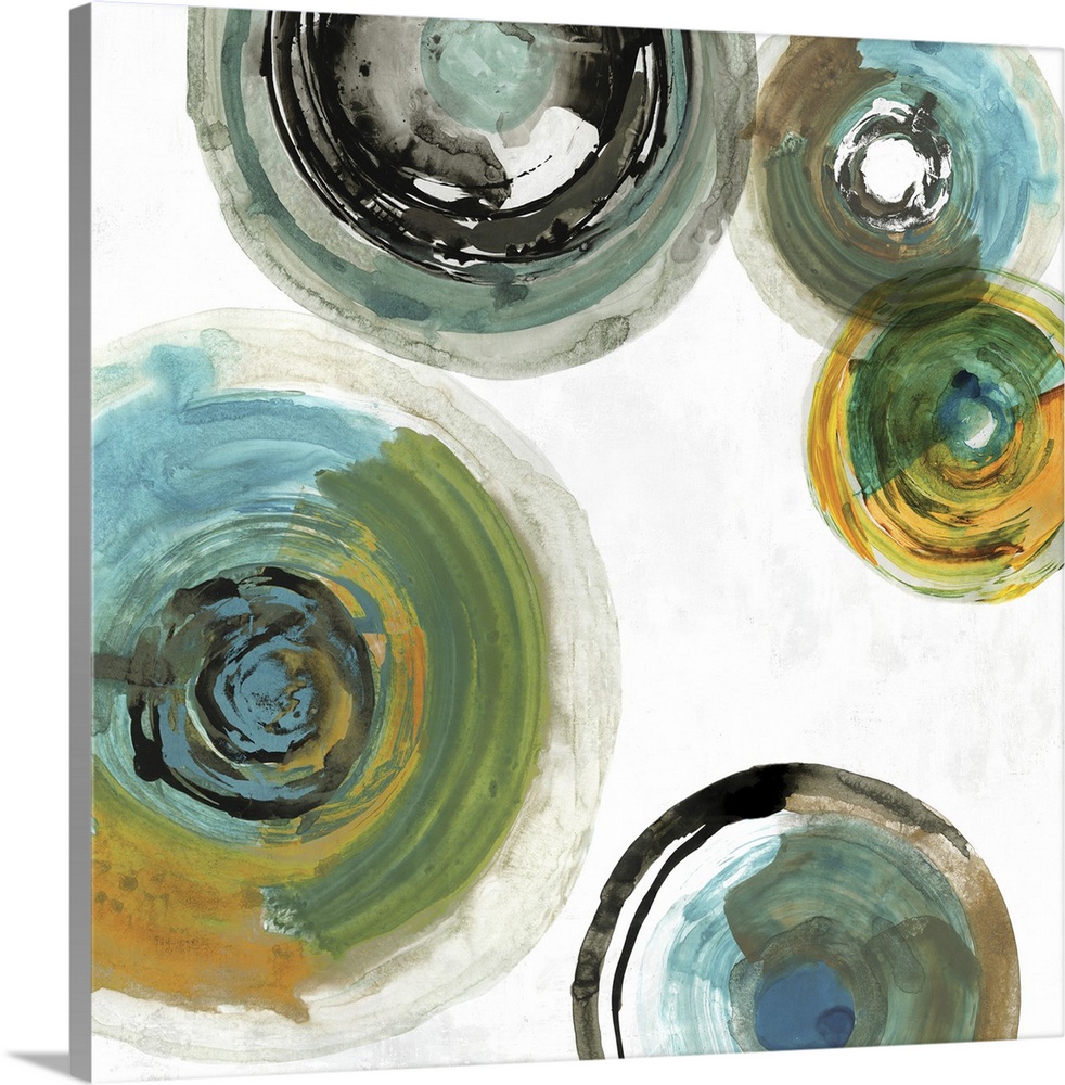Square contemporary painting of multi- color circles in tones of blue, green and gold.