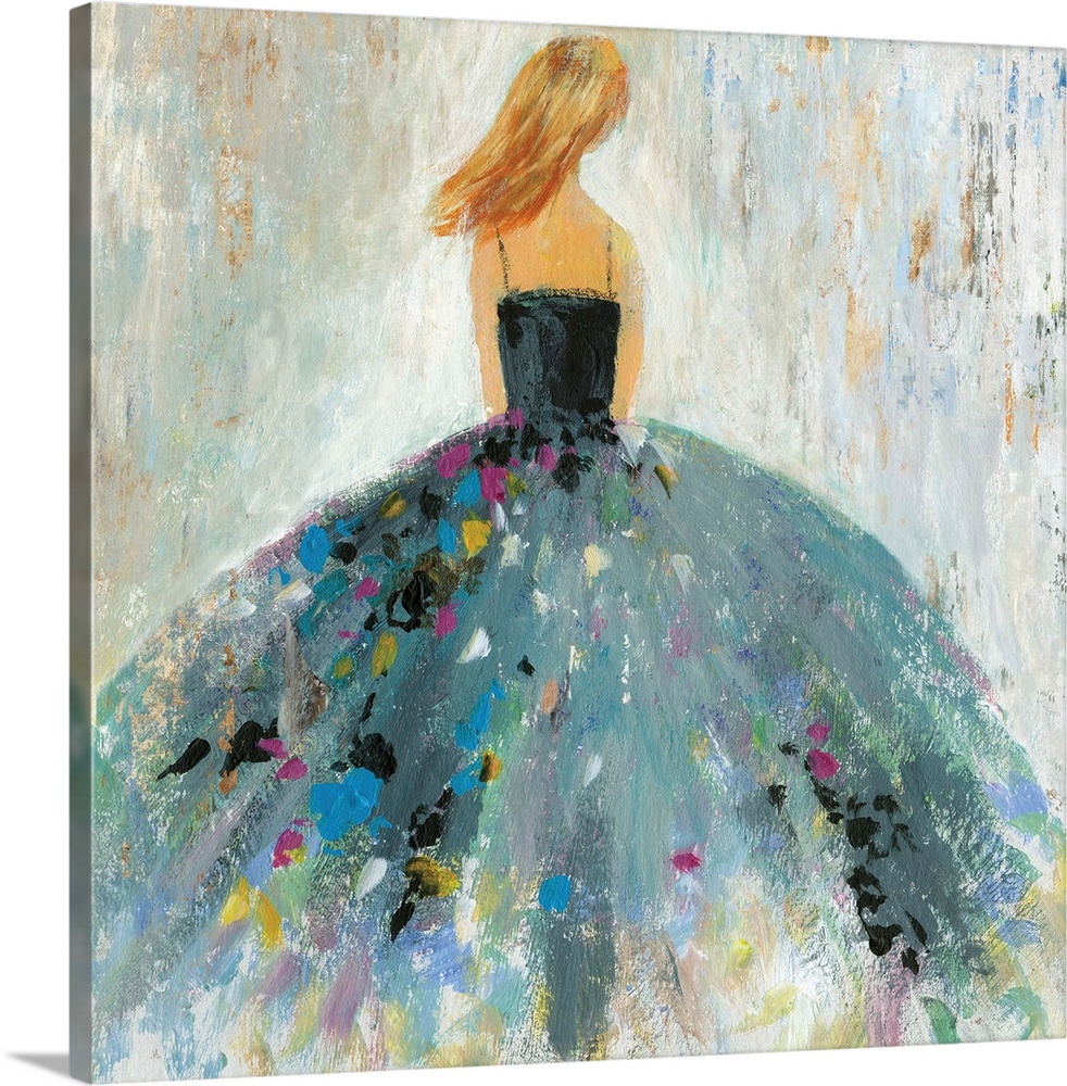 Square painting of a female in a gray ball gown with multiple color spots on the skirt.