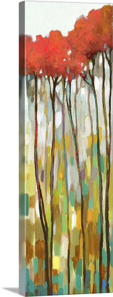 Large panel painting with tall, skinny trees with red leaves on an abstract background.