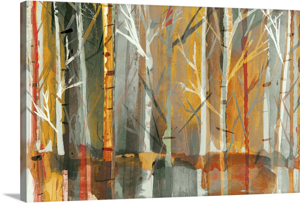 Contemporary home decor artwork of a dense forest in rich warm tones.