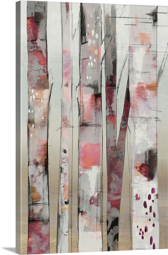 Contemporary artwork of a small group of birch trees in pink shades.