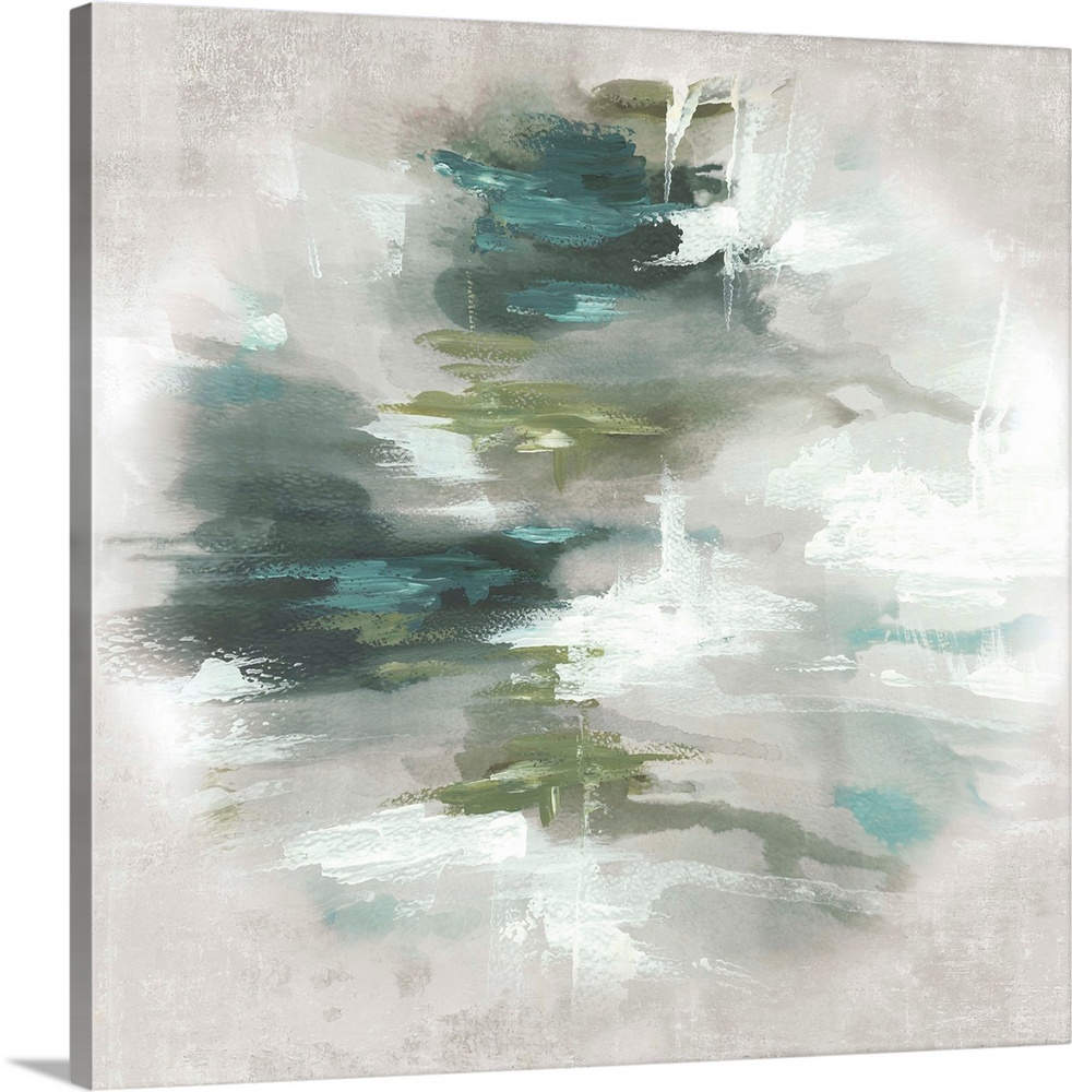 Abstract artwork with different shades of green in the center that fades to a light gray.